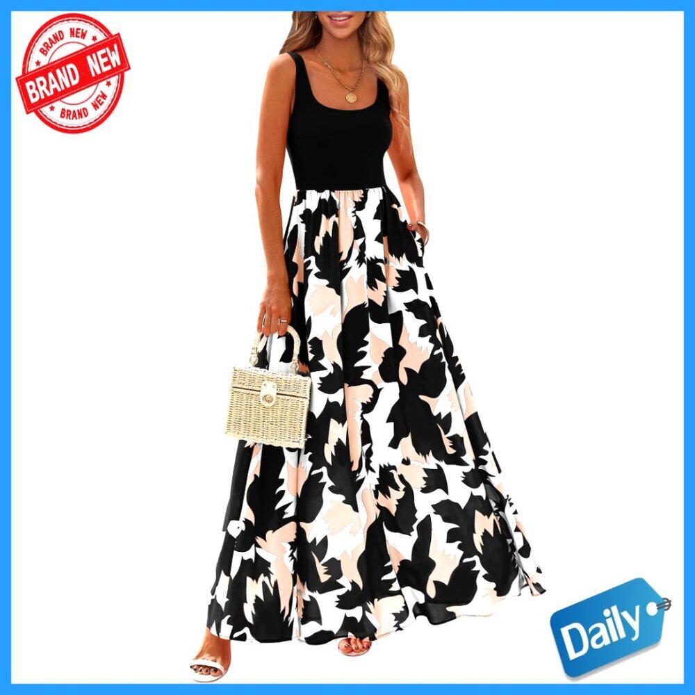 Sleeveless Floral Maxi Dress with Scoop Neck and Side Pockets